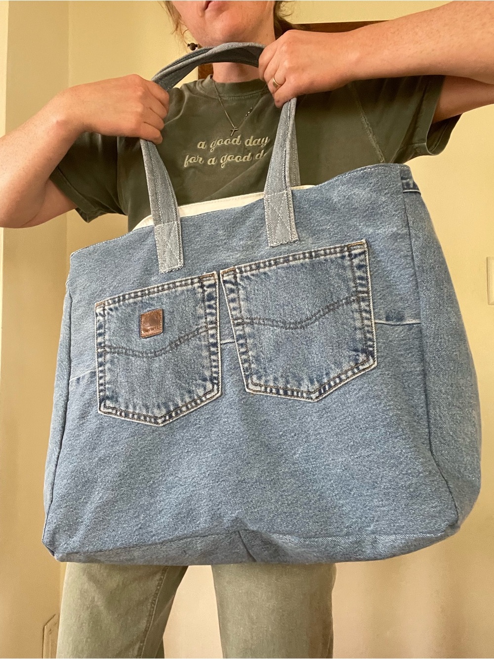 Denim Tote Bag with Front Pocket Detail - Blue